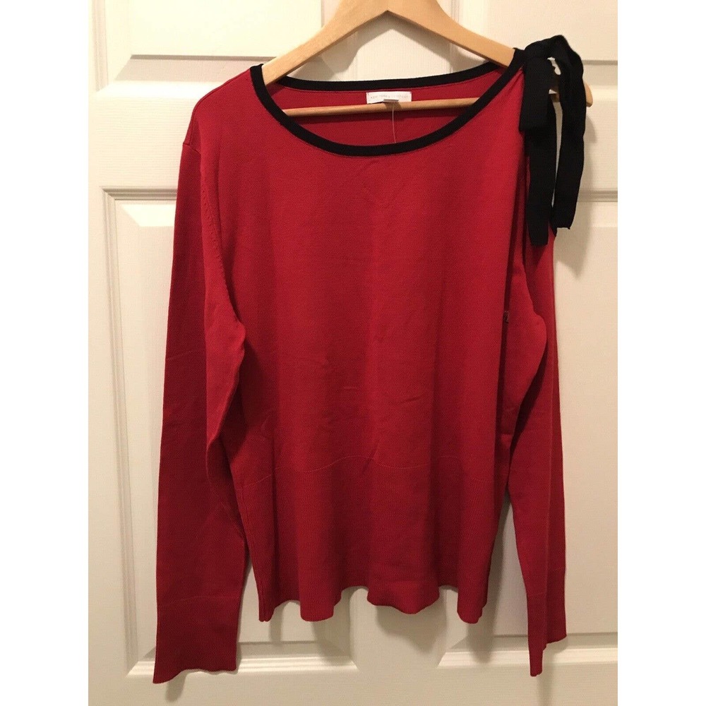 New York & Company Ribbed Knit Sweater, Red, XL Long Sleeve, Cold Shoulder & Bow